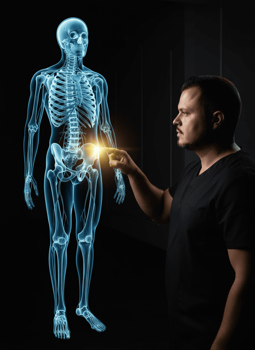 Roberto Ibacache — quiropráctico en Copiapó, junto a una representación anatómica