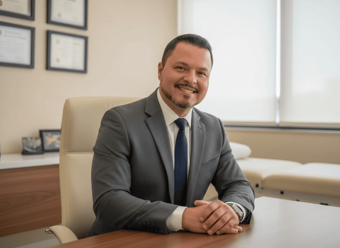 Roberto Ibacache en traje, con diplomas enmarcados al fondo